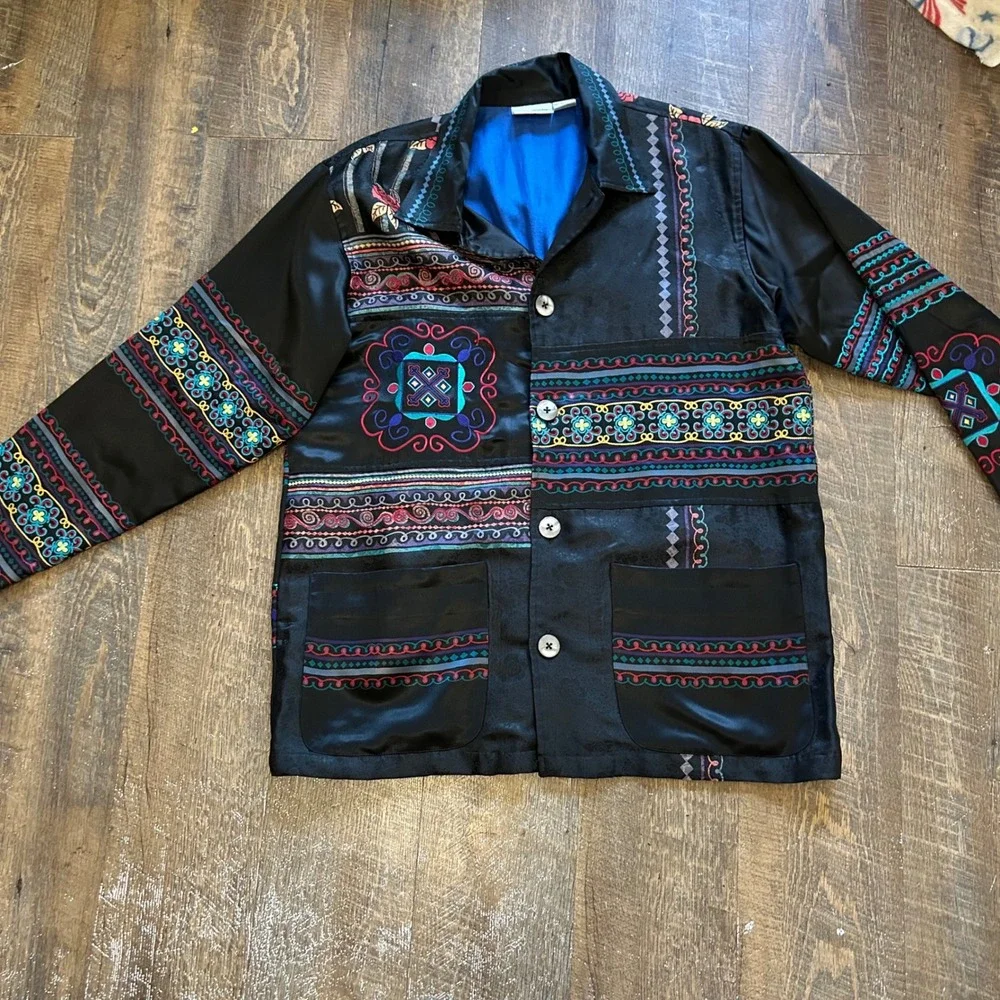 Chicos Design Vintage Silk Embroidered Jacquard Jacket Black Floral Boho Size 1